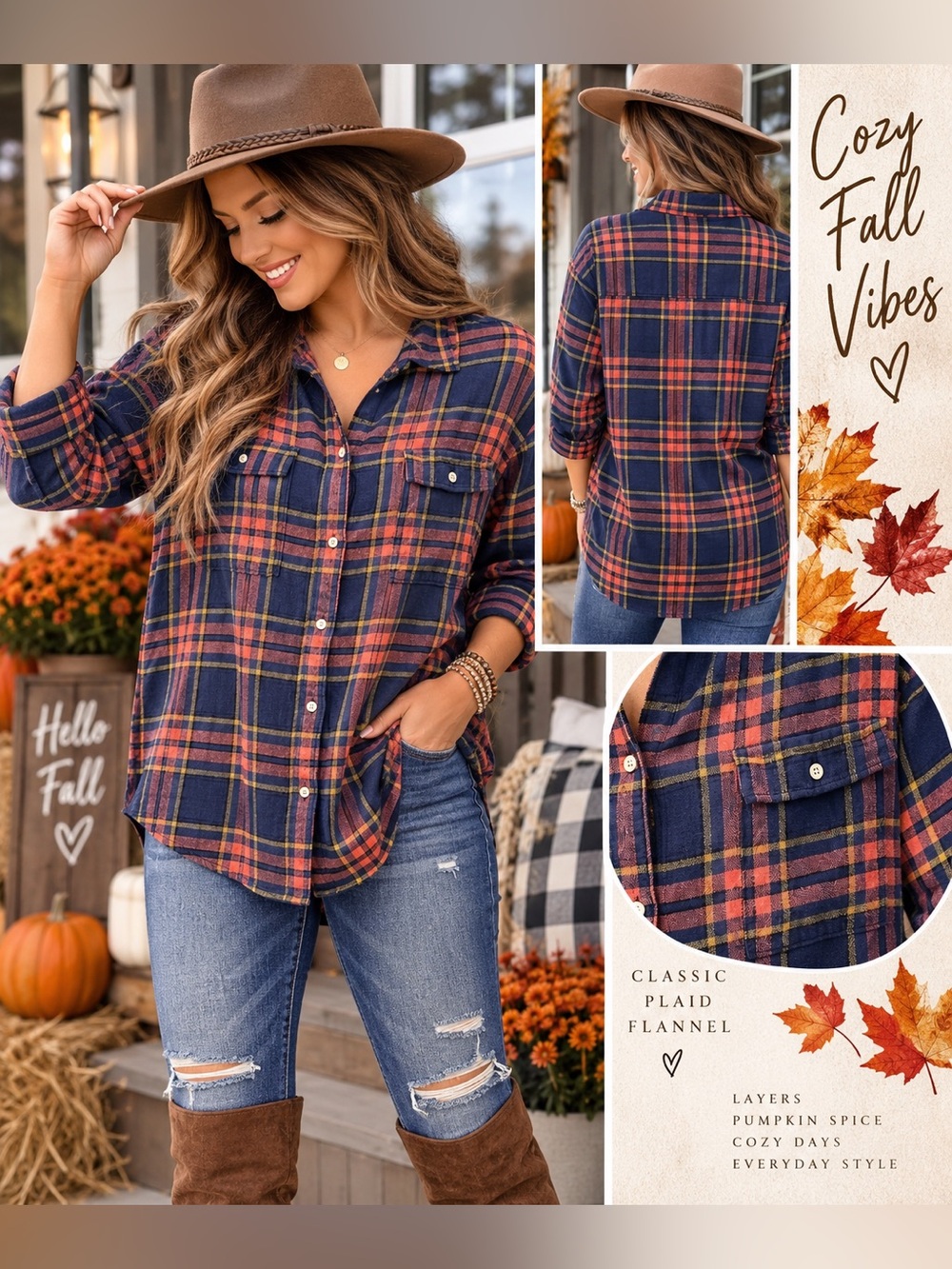 Old Navy Plaid Flannel Boyfriend Shirt Women's Navy Orange Button Down XXL